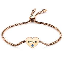 MeMeDIY Personalisiertes Herz Geburtsstein Armband Angepasst Gravur Name/Datum für Frauen Mädchen den Besten Freund Edelstahl Zierliche Verstellbare Kastenkette Brautjungfer Geschenk (Roségold) von MeMeDIY