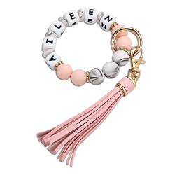 MeMeDIY Personalisiertes Silikon-Perlen-Schlüsselanhänger-Armband Für Mama Benutzerdefinierter Buchstabe/Name Perlen-Schlüsselring Vierfaches Seil Damen-Armband mit Quaste (Rosa + Marmor) von MeMeDIY