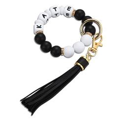 MeMeDIY Personalisiertes Silikon-Perlen-Schlüsselanhänger-Armband Für Mama Benutzerdefinierter Buchstabe/Name Perlen-Schlüsselring Vierfaches Seil Damen-Armband mit Quaste (Schwarz + Weiß) von MeMeDIY