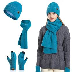 Meajore MüTze Schal Handschuhe Damen Set 3 In 1 Winter Warm Beanie Touchscreen Handschuh Und Lang Schal StrickmüTze Set von Meajore