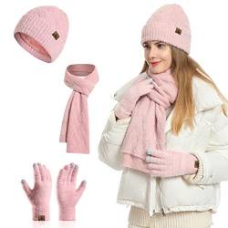 Meajore MüTze Schal Handschuhe Damen Set 3 In 1 Winter Warm Beanie Touchscreen Handschuh Und Lang Schal StrickmüTze Set von Meajore