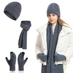 Meajore MüTze Schal Handschuhe Damen Set 3 In 1 Winter Warm Beanie Touchscreen Handschuh Und Lang Schal StrickmüTze Set von Meajore