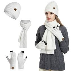 Meajore MüTze Schal Handschuhe Damen Set 3 In 1 Winter Warm Beanie Touchscreen Handschuh Und Lang Schal StrickmüTze Set von Meajore