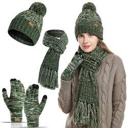 Meajore MüTze Schal Handschuhe Damen Set 3 in 1 Winter Warm Beanie Touchscreen Handschuh Und Lang Schal StrickmüTze Set von Meajore