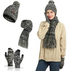 Meajore MüTze Schal Handschuhe Damen Set 3 in 1 Winter Warm Beanie Touchscreen Handschuh Und Lang Schal StrickmüTze Set von Meajore