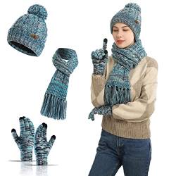 Meajore MüTze Schal Handschuhe Damen Set 3 in 1 Winter Warm Beanie Touchscreen Handschuh Und Lang Schal StrickmüTze Set von Meajore