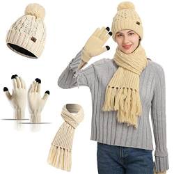 Meajore MüTze Schal Handschuhe Damen Set 3 in 1 Winter Warm Beanie Touchscreen Handschuh Und Lang Schal StrickmüTze Set von Meajore