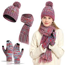 Meajore MüTze Schal Handschuhe Damen Set 3 in 1 Winter Warm Beanie Touchscreen Handschuh Und Lang Schal StrickmüTze Set von Meajore