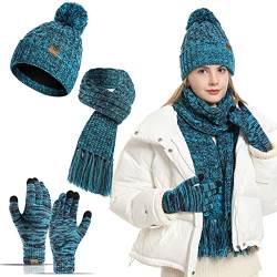 Meajore MüTze Schal Handschuhe Damen Set 3 in 1 Winter Warm Beanie Touchscreen Handschuh Und Lang Schal StrickmüTze Set von Meajore