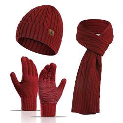 Meajore Mütze Schal Handschuhe Set für Damen & Herren 3 in 1 Winter Beanie Mütze Hals Warmer Schal Touchscreen Handschuhe Strickset von Meajore