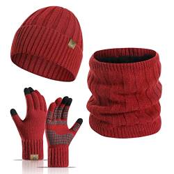 Meajore Winter Mütze schal Handschuhe Herren Set 3 in 1 Gestrickte Warme Beanie Touchscreen Handschuh Damen von Meajore
