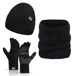 Meajore Winter Mütze schal Handschuhe Herren Set 3 in 1 Gestrickte Warme Beanie Touchscreen Handschuh Damen von Meajore