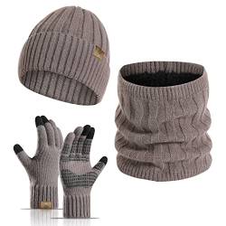 Meajore Winter Mütze schal Handschuhe Herren Set 3 in 1 Gestrickte Warme Beanie Touchscreen Handschuh Damen von Meajore