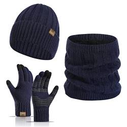 Meajore Winter Mütze schal Handschuhe Herren Set 3 in 1 Gestrickte Warme Beanie Touchscreen Handschuh Damen von Meajore