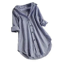 Meclelin Oversize Gestreifte Bluse Damen Verstellbare Ärmel Shirts aus Baumwolle V-Ausschnitt Oberteile Freizeit Tunika Arbeitsbluse Lässige Lose Tshirts Long Frühling Sommer 36-50(38,Marine) von Meclelin