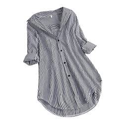 Meclelin Oversize Gestreifte Bluse Damen Verstellbare Ärmel Shirts aus Baumwolle V-Ausschnitt Oberteile Freizeit Tunika Arbeitsbluse Lässige Lose Tshirts Long Shirts Damen Herbst 36-50 (Schwarz, 48) von Meclelin