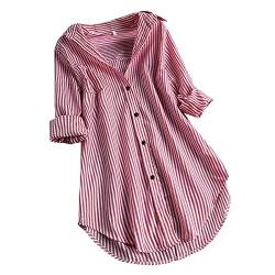 Oversize Gestreifte Bluse Damen Verstellbare Ärmel Shirts aus Baumwolle V-Ausschnitt Oberteile Freizeit Tunika Arbeitsbluse Lässige Lose Tshirts Long Shirts Frühling Sommer 36-50(50,Rot) von Meclelin