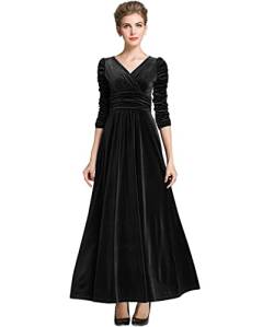 MedeShe Damen Weihnachten Langarm V Ausschnitt Samt Maxikleid, Schwarz geraffte Taille, 48-50 von Medeshe