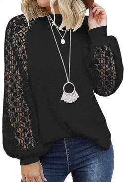 MeeQee Bluse Damen Langarmshirt Hohlspitzen Hülse Patchwork Strickpullover Runder Halsausschnitt Elegant Lässig Oberteile Frühling Sommer Black/L von MeeQee