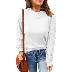 MeeQee Bluse Damen Langarmshirt Hohlspitzen Hülse Patchwork Strickpullover Runder Halsausschnitt Elegant Lässig Oberteile Frühling Sommer White/L von MeeQee