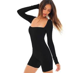 MeeQee Jumpsuits Damen Langarm Rippenstrick Bodycon Short Jumpsuit Quadratischer Hals Elegant One Piece Romper Schmale Passform/M von MeeQee