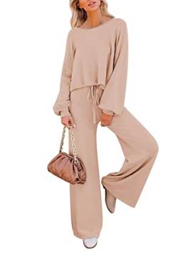 Meenew Damen 2 Stück Sweatsuits Langarm Strickpullover Weites Bein Hosen Outfits Loungewear Set, aprikose, L von Meenew