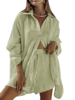 Meenew Damen 2-teiliges Outfits Langarm Button Down Shirts und Shorts Set Casual Lounge Set Sweatsuits, Y-light Green, S von Meenew