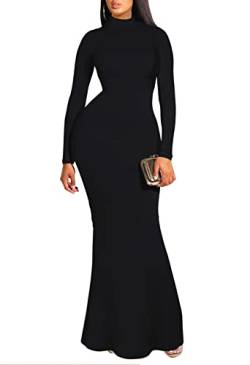 Meenew Damen elegante langarm rollkragen bodycon cocktail-lang maxi kleid Schwarz Large von Meenew