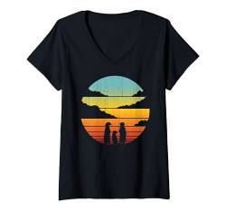 Damen Erdmännchen Retro Vintage 60er 70er Jahre Sonnenuntergang Säugetier Liebhaber T-Shirt mit V-Ausschnitt von Meerkat Clothing Gifts