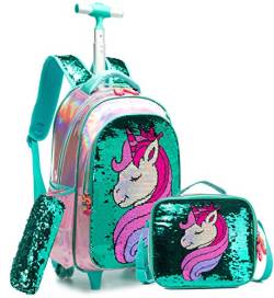 Meetbelify Mädchen Rollrucksack Kinderrucksäcke mit Rollen Rucksack für Mädchen für die Schule mit Brotdose Einhorn Wendbare Pailletten Schultaschen von Meetbelify