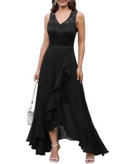 Meetjen Abendkleid Lang Chiffonkleid Damen Elegant V-Ausschnitt Spitzenkleid für Hochzeit Gast Cocktail Party Kleid Schwarz 2XL von Meetjen