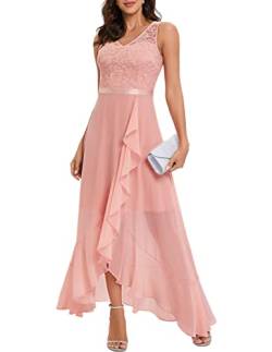 Meetjen Abendkleider Elegant für Hochzeitskleid Standesamt Brautjungfer Kleid Damen Lang Cocktailkleid Vokuhila Spitzenkleid Ärmellos Chiffonkleid Blush L von Meetjen