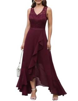 Meetjen Abiballkleider Lang für Hochzeitgast V-Ausschnitt Lang Chiffon Spitzenkleid Cocktailkleider Ärmelloses Burgunderrot L von Meetjen