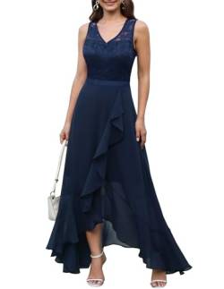 Meetjen Cocktailkleid Damen Lang Chiffon Spitzenkleid V-Ausschnitt Ballkleider A-Linie Brautjunferkleid Marineblau L von Meetjen