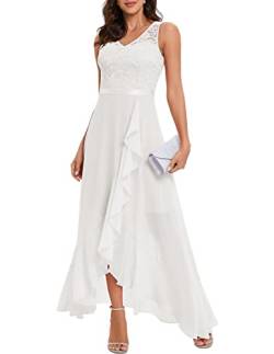 Meetjen Damen Abendkleid Elegant Vokuhila Cocktailkleid Lang Brautjunferkleid Chiffon Spitzen Kleid für Hochzeit Party Weiß XL von Meetjen