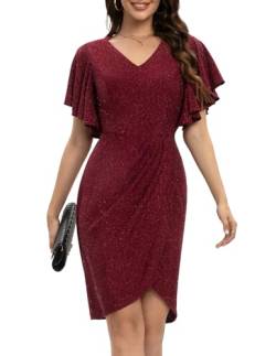 Meetjen Damen Bodycon Partykleid Formell Freizeitkleid mit Schlitz Business Bleistiftkleid Etuikleid Kurzarmkleid,Burgunderrot,S von Meetjen