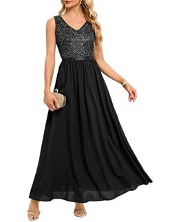 Meetjen Damen Festlich Ballkleid Elegant Cocktailkleid Paillette Abendkleid Knielang V-Ausschnitt Brautjungfernkleider Ärmellos Abendkleid Black S von Meetjen