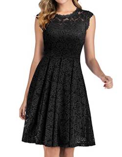 Meetjen Damen Festliche Cocktailkleid Elegante Abendkleid Hochzeitskleid Knielang Brautjungfern Midi Spitzenkleider Schwarz Black XL von Meetjen