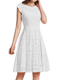 Meetjen Damen Festliche Cocktailkleid Elegante Abendkleid Hochzeitskleid Knielang Brautjungfern Midi Spitzenkleider Weiß White 2XL von Meetjen