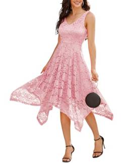 Meetjen Damen Festliche V-Ausschnitt Cocktailkleid Elegante Abendkleid A-Linie Kleid mit Spitze Hochzeit Gast Brautjungfernkleid Pink 2XL von Meetjen