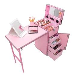 MegLob Faltbare Maniküre -Workstation, Tragbarer Maniküre -Tisch, Professioneller Erweiterter Nagelschreibtisch, Moderner Rolling Art Nagel -Kabine Für Outdoors, Mobile Manicure -Zubehör,Rosa von MegLob