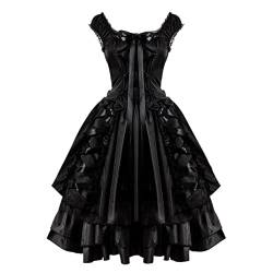 Meggsnle Halloween Fasching Karneval Mittelalter Kleid Frauen Vintage Slim Gothic Classic Black Layered Lace Up Goth Lolita Cosplay Kleid Mittelalter Party Kostüm Maxikleid von Meggsnle