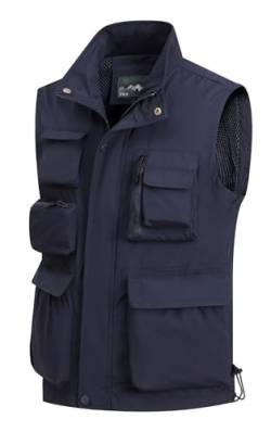 MeiLayM Herren Outdoor Weste mit Vielen Taschen Anglerweste Ärmellose Freizeit Weste Leicht Atmungsaktiv Weste Sommer schnelltrocknend Gilet Jagd Fotografie Sport Weste Navyblau,XL von MeiLayM