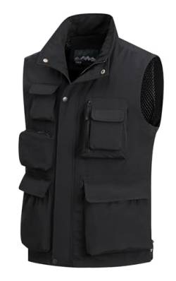 MeiLayM Herren Outdoor Weste mit Vielen Taschen Anglerweste Ärmellose Freizeit Weste Leicht Atmungsaktiv Weste Sommer schnelltrocknend Gilet Jagd Fotografie Sport Weste Schwarz,XXL von MeiLayM