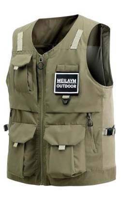 MeiLayM Herren Outdoor Weste mit Vielen Taschen Leicht Atmungsaktiv Anglerweste schnelltrocknend Multifunktions Weste Camping Fotografie Ärmellos Jacke Khaki,L von MeiLayM