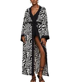 MEILING Leichter Damen-Bademantel aus Viskose, Kimono-Strickjacke, bedruckt, Schwarz Zebra, Einheitsgröße von MeiLing