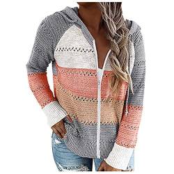 Damen Farbblock Kapuzenpullover Gestreift Hoodie Entspannt Sweatshirt Mit Kapuze Und Reißverschluss Strickjacke Herbst Winter Oversize Pullover Oberteile Leicht Kapuzenjacke Tunika Strickpullover von MeiLyviba