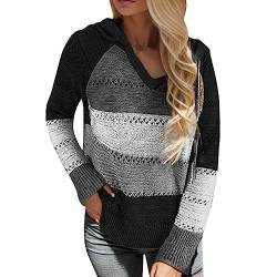 Damen Farbblock Kapuzenpullover Gestreift Hoodie Entspannt Sweatshirt Mit Kapuze Und Reißverschluss Strickjacke Herbst Winter Oversize Pullover Oberteile Leicht Kapuzenjacke Tunika Strickpullover von MeiLyviba