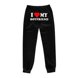 MeiLyviba Damen Jogginghose „I Love My Boyfriend“ hoch taillierte Dehnbare Hose Fleece gefütterte Trainingshose lustige Hose mit Buchstabendruck Weite Freizeithose mit Taschen für von MeiLyviba