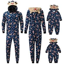 Weihnachten Pyjama Familien Damen Herren Kinder Jumpsuit Kuschelig Hoodie mit Reißverschluss Kapuze Rentier Weihnachts Schlafanzug Set Einteiler Nachtwäsche Overall Hausanzug für die ganze Familie von MeiLyviba